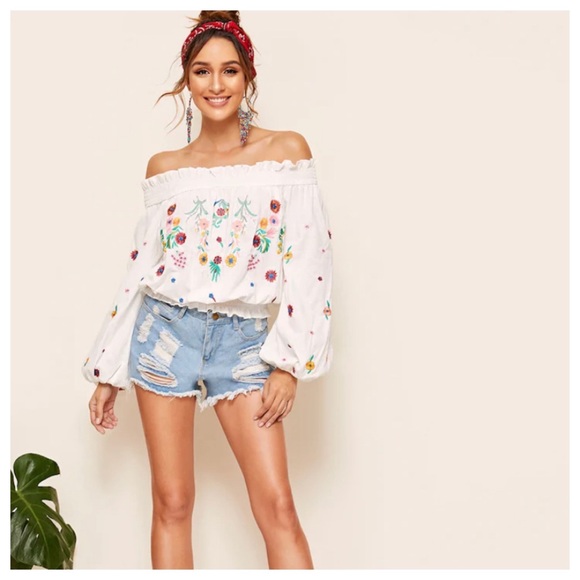 Tops - Off Shoulder Shirred Panel embroidered Top